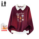 izzueit假兩件拼接撞色設計感女士加絨衛衣秋冬季卡通翻領(lǐng)百搭長(cháng)袖衫