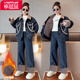 樂(lè )芭鼠女童套裝秋冬款中大兒童加絨加厚牛仔外套褲子冬裝女孩衣服兩件套 藍色 （加絨牛仔套裝） 170碼 建議12-14歲(身高165左右)