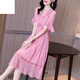 羅蒙短袖連衣裙女夏季2025新款小香風(fēng)v領(lǐng)高腰荷葉邊遮肚子減齡粉色雪 粉色 M 建議90-105斤