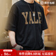馬登工裝 美式撞色字母印花T恤學(xué)院風(fēng)耶魯大學(xué)純棉短袖體恤男夏季 黑色 （寬松偏大） L