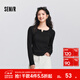 森馬（Semir）長(cháng)袖T恤女春季短款純色正肩木耳邊花邊內搭分割緊身顯瘦上衣 黑色90001 S