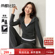 尚都比拉秋季通勤撞色女士套裝V領(lǐng)連帽收褶顯瘦長(cháng)袖T恤直筒休閑長(cháng)褲兩件套