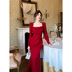 GJFD【山城石榴】法式紅色氣質(zhì)方領(lǐng)連衣裙長(cháng)袖訂婚年會(huì )生日禮服包臀裙 石榴紅 M