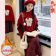 女童紅色毛衣斗篷格子半身裙套裝2026新款圣誕卡通針織衫拜年服冬 紅色毛衣斗篷+黑色打底衫+加絨長(cháng)裙【三件套】 160