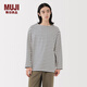 MUJI男式 水洗粗棉線(xiàn)一字領(lǐng)九分袖T恤男士長(cháng)袖打底衫條紋男款秋季男裝 米白色條紋 L （175/100A）