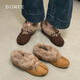 寶人毛毛鞋女外穿秋冬新款蝴蝶結復古絨面毛絨豆豆鞋女士平底保暖棉鞋 駝色 36