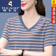 啄木鳥(niǎo)（TUCANO）純棉v領(lǐng)胖.m短袖女25夏季新款胖.大碼寬松遮肚顯瘦女上衣條紋短袖 KK9002藍色 V.領(lǐng)小衫 5XL 建議180-200斤