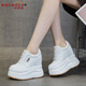布諾旅（BRONOLV）13cm春夏秋季透氣厚底坡跟女鞋新款輕便蕾絲網(wǎng)面內增高休閑小白鞋 白色皮面【增高13cm】 39 【標準碼】