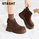 星期六厚底加絨雪地靴女款2025新款冬季保暖增高棉鞋復古百搭踝靴馬丁靴