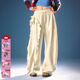 CHUU松緊腰休閑褲女2026早春新品字母印花不對稱(chēng)荷葉邊拼接彎刀褲 白杏色 S