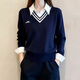 面料故事羅芬旗艦店女裝秋冬季新款時(shí)尚簡(jiǎn)約氣質(zhì)高級感百搭假兩件針織衫冬 藏青色針織衫 M
