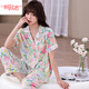 雅鹿純棉綢新款睡衣女短袖長(cháng)褲夏季薄款涼爽甜美開(kāi)衫休閑家居綿綢套裝 浪漫幻彩綠(2999) 2XL XL(120-140斤)