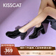 接吻貓KISSCAT樂(lè )福鞋女鞋春季新款通勤粗跟系帶高跟鞋女KA43530-10 黑色皺牛漆皮革 36