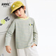 安奈兒男女童裝圓領(lǐng)長(cháng)袖打底衫T恤2026春季新款條紋休閑上衣百搭 灰黃條 170