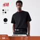 H&M男裝女裝T恤秋冬情侶裝重磅純棉寬松圓領(lǐng)紅色短袖打底衫0608945 黑色 L 175/108 （建議尺碼拍小一碼）
