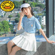 G.duck女童夏季套裝2025新款潮流時(shí)髦童裝女孩學(xué)院風(fēng)半身裙 藍色上衣+白色百搟裙 帶安全褲 140 cm