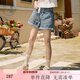 紫涵（ZIHAN）紫涵刺繡復古牛仔短褲女夏季新款高腰寬松顯瘦闊腿卷邊五分褲 淺牛仔藍 M