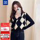 唐獅（TonLion）2025秋冬女復古菱格V領(lǐng)開(kāi)衫馬甲