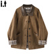:CHOCOOLATEit巴恩風(fēng)麂皮翻領(lǐng)短外套女冬雙面穿復古設計格紋上衣 咖色   L