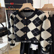 AEMAPE黑白格子短款針織開(kāi)衫女秋冬季設計感小眾小個(gè)子圓領(lǐng)菱格毛衣外套 黑色 均碼 -85-120斤