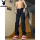 花花公子淺色牛仔褲男2025新款春秋美式高街修身顯瘦微喇直筒男生褲子潮 黑色 XL 135-150斤