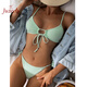 JUZEELY泳裝歐美性感三角比基尼抽繩bikini女純色泳衣沙灘泳衣時(shí)尚性感 淺綠色 M