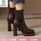 啄木鳥(niǎo)真皮羊皮短筒時(shí)裝靴2025防水臺粗跟高跟靴子松緊帶增高短靴棕色 ，棕色【皮里】 34