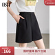 歐莎（OSA）短褲女夏季25年新款高腰直筒闊腿褲休閑五分褲薄款休閑短褲 黑色A L
