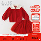 戴維貝拉（DAVE＆BELLA）女童半裙套裝秋冬新款中大童衣服中國風(fēng)新年兒童上衣短裙兩件套 中國紅【現貨】 110 cm（建議身高100-110cm）
