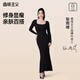 曲線(xiàn)主義【張雨綺同款】長(cháng)袖U領(lǐng)修身顯瘦連衣裙包臀收腹裙女秋冬穿搭 黑 M