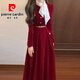 皮爾卡丹（pierre cardin）小香風(fēng)絲絨紅色長(cháng)袖連衣裙女秋冬富家千金感超好看法式長(cháng)裙子 S 80-94斤內建議 紅色裙+絲巾【含腰帶】