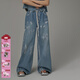 CHUU松緊腰系帶闊腿牛仔褲女2025夏季新款韓版漆點(diǎn)垂感寬松長(cháng)褲子 牛仔藍 M