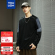 唐獅（TonLion）2025春男圓領(lǐng)袖筒拼接車(chē)明線(xiàn)長(cháng)袖T恤 黑色  L 