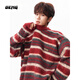 OEMG  美式條紋撞色毛衣男士秋冬季上衣針織衫保暖潮流牌紅色復古外套 紅色 XL [建議110-130斤]