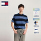 TOMMY JEANS【撞色條紋】春夏男裝純棉平紋針織休閑拼色刺繡短袖T恤上衣 藏青藍條紋C1G M