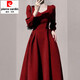 皮爾卡丹（pierre cardin）法式赫本風(fēng)酒紅色方領(lǐng)連衣裙2025春季新款顯瘦女裝感裙子 紅色 S S 【100以下】