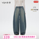 飛鳥(niǎo)和新酒寬松高腰牛仔褲女小個(gè)子2025秋季新款休閑顯瘦彎刀褲 靛藍HCH07 S