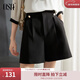 歐莎（OSA）【花苞褲】白色高腰直筒外穿西裝短褲女夏季休閑五分闊腿褲薄 黑色 XL
