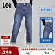 Lee411舒適高腰小直腳中深藍色水洗女牛仔褲