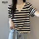 漫藍夢(mèng)大碼女裝2025夏季新款胖妹妹微胖顯瘦木耳邊條紋短袖T恤寬松上衣 主圖色 2XL 130-140斤