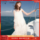 三彩2025夏季新款V領(lǐng)無(wú)袖吊帶裙蕾絲花邊連衣裙寬松女 米白色 L 165/88A