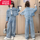 樂(lè )芭鼠（LOBMOUSE）童裝女童套裝春秋兒童牛仔套裝女孩衣服外套網(wǎng)紅潮牌中大童闊腿褲 藍色 160碼 建議10-12歲(身高155左右)