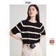旅途原品（ltyp）條紋t恤女真絲短袖亞麻棉時(shí)髦百搭針織春季圓領(lǐng)休閑上衣 杏黑色-經(jīng)典條紋-真絲亞麻棉 XS -S