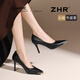 ZHR高跟鞋女頭層牛皮革2026新款尖頭細跟單鞋氣質(zhì)工作皮鞋D129黑色37