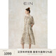 EIN國畫(huà)百花集 EIN言藝術(shù)感美拉藍線(xiàn)描印花抽褶法式連衣裙秋新款 淺杏 S