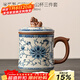 唐豐青花汝窯茶杯茶水分離辦公室泡茶杯陶瓷馬克杯帶蓋大號水杯三件套 米黃繁花貔貅辦公杯三件套