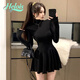Helolis高領(lǐng)連衣裙打底長(cháng)袖女秋冬季新款收腰顯瘦氣質(zhì)百搭短款裙子修身女 黑色  S 建議70-85斤