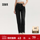 森馬（Semir）牛仔|森柔牛仔褲女復古簡(jiǎn)約長(cháng)褲休閑秋季半松緊腰直筒褲通勤 牛仔水洗黑98201 L