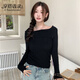 穿搭語(yǔ)錄（Chaundayulu）卡其色一字肩低領(lǐng)針織衫上衣女秋冬修身緊身短款內搭打底露肩毛衣 黑色 S 【建議80-90斤】