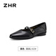 ZHR平底單鞋女頭層牛皮尖頭粗跟小皮鞋法式一腳蹬瑪麗珍女鞋KM90 黑色 37